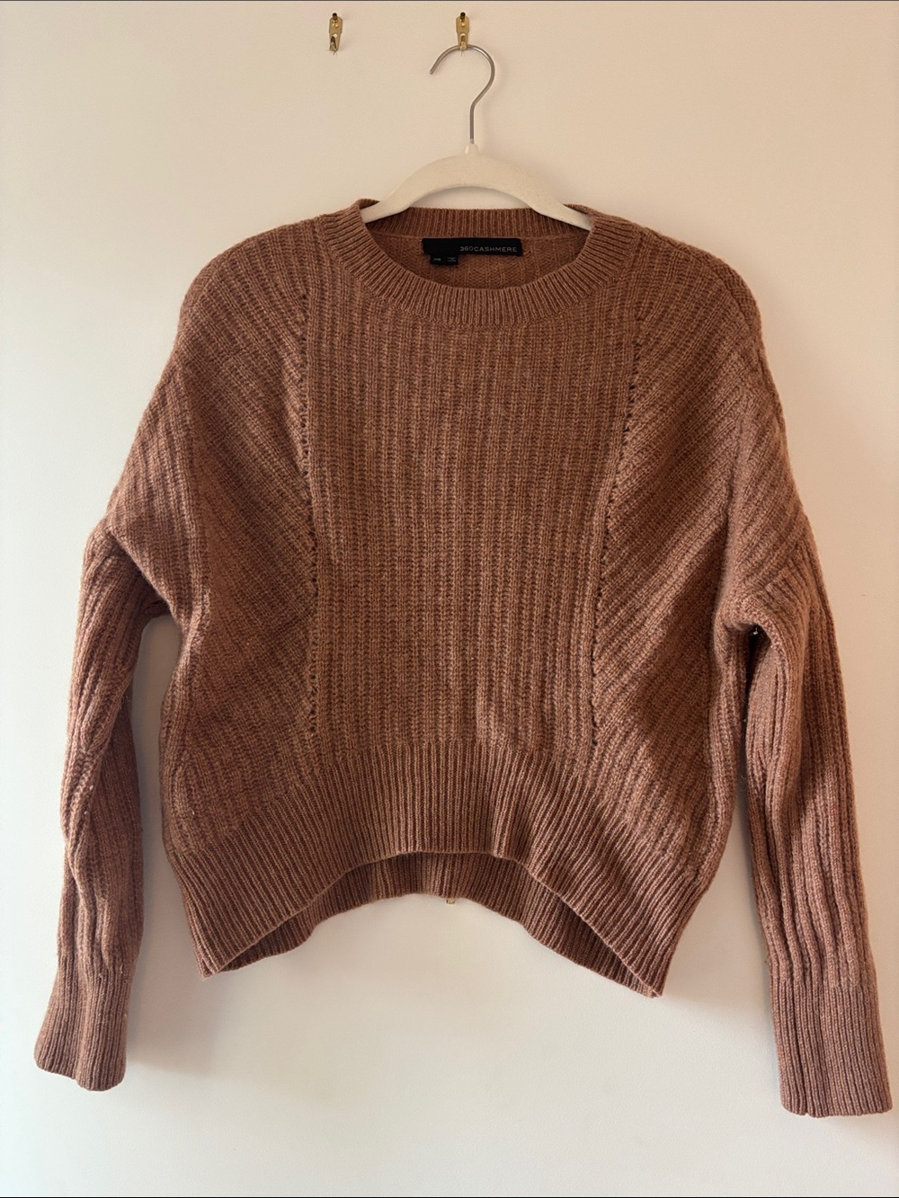 360 Cashmere Ribbed Crewneck Sweater in Camel Brown